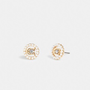 Earring Coach Signature Crystal Pearl Stud Damskie Złote | PLYXM521