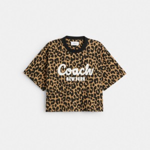 Koszulki Coach Leopard Cursive Signature Cropped Damskie Panterka | PLAHE578