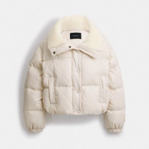 Kurtka Coach Cropped Puffer With Sherpa Damskie Białe | PLLIB653