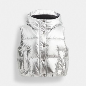 Kurtka Coach Puffer Vest In Metallic Damskie Srebrne | PLMQJ646