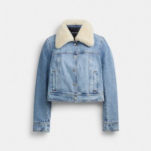 Kurtka Coach Shearling Collar Denim Damskie Niebieskie | PLBEF643