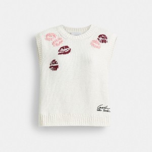 Sweter Coach Buy Now Lip Print Vest Damskie Kremowe Kolorowe | PLFDR606