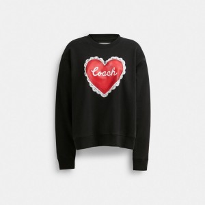 Sweter Coach Heart Crewneck Damskie Czarne | PLHAW604